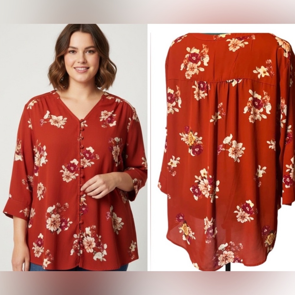 Torrid Floral V-Neck Blouse - Deep Red (3X)